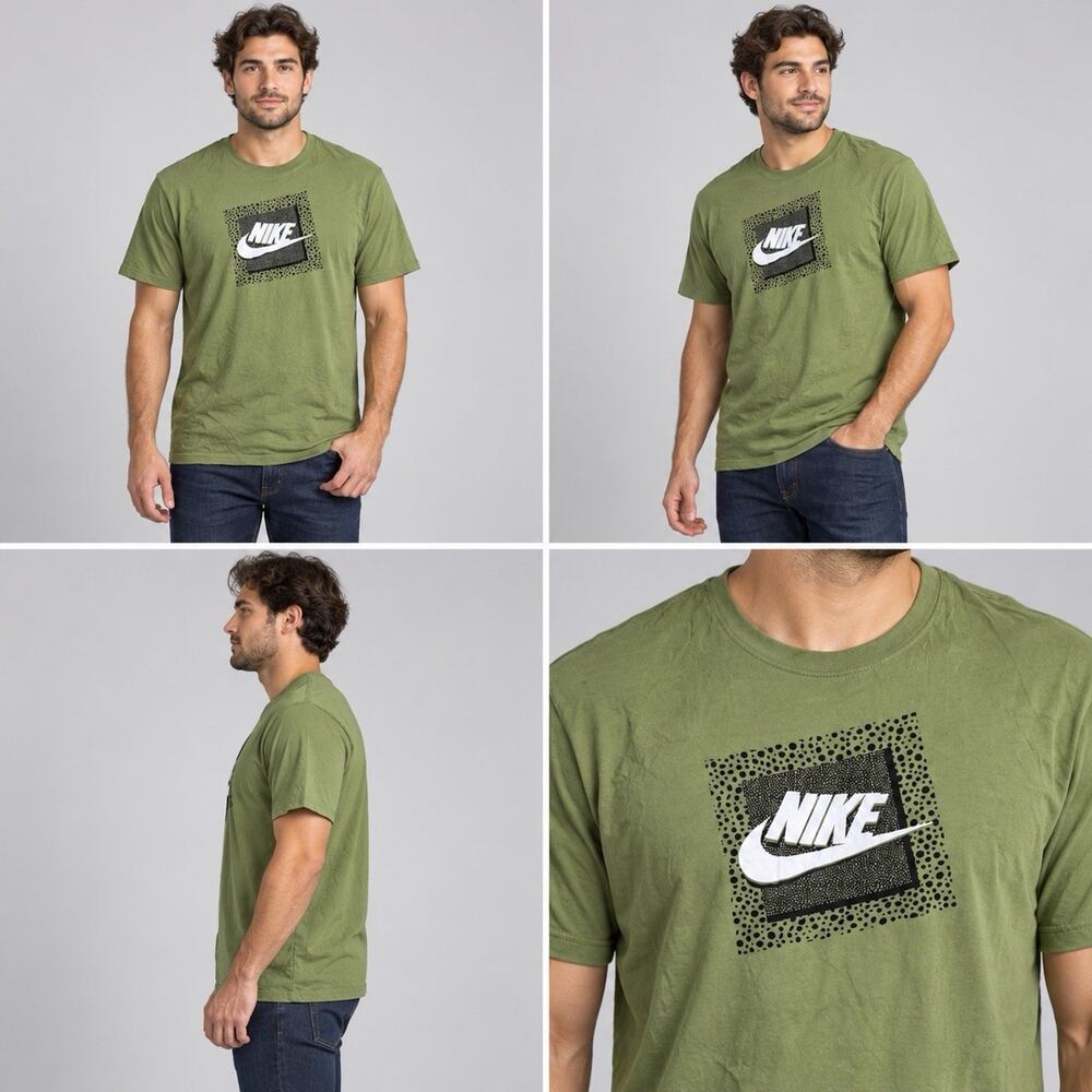 Nike Graphic T Shirt Mens XL Olive Green White Swoosh Square Print Crew Neck